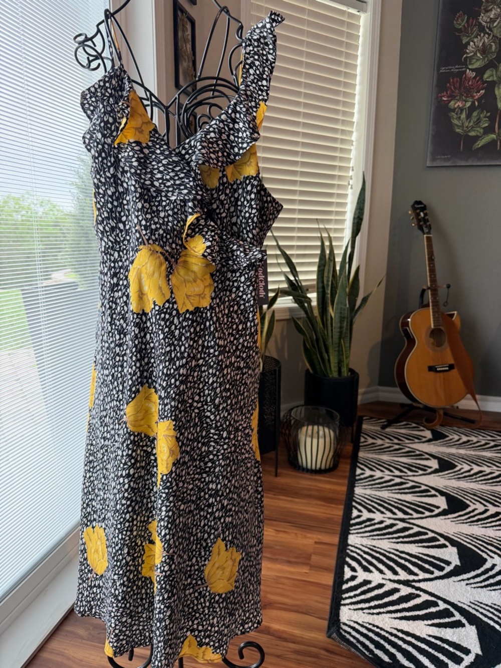 ModCloth one shoulder black Midi Dress with Yellow Floral Accents size 10